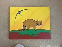 Front view of oil on canvas painting showing a stylized raccoon and an insect on a yellow background