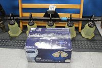 Front view of Harbor Breeze ceiling fan light kit with box and 5-light bronze bathroom wall mount light fixture.