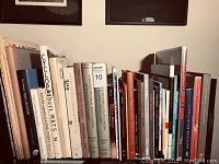 View of 20+ assorted art books in very good condition, showing spines and part of covers, titles visible.