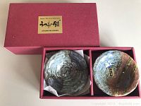 5 Japanese pottery bowls with mixed glaze colors placed in original Utsuwa-No-Yakata box