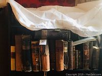 Shelf of 18 old leather-bound books with varying degrees of wear and aging.