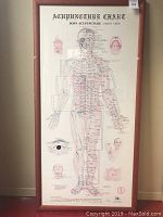 Full front view of the framed acupuncture chart showing the human body front with acupuncture points marked.