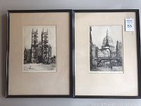 Two framed etchings side by side showing Westminster Abbey and St. Paul's Cathedral.