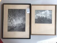 Two framed black and white photographs side by side, showing the framed condition and scale.
