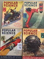 Front covers of four Popular Science magazines showing various 1930s era themed illustrations including a futuristic motorcycle, airplane, and helmeted man