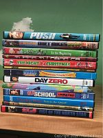 Photo of 13 DVDs stacked on a wooden surface against a green wall. Titles visible on spines include Push, Dirt Bike: In the Beginning, Turbo Time Africa, The Night Before Christmas, Adventures of Charlie 'Cubby', Day Zero, Old School Unrated, Travelling Home Goes to the Airport, Fist of the North Star, Jackie Memories, Born to Ride, Red Sun, Stranger.