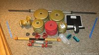 Full set of Billard barbell weight plates, barbell bar, dumbbell handles, collars, scale, and accessories shown on carpeted floor.