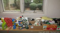 Overview of gardening chemicals, insect sprays, cleaners, and gloves on a table by window