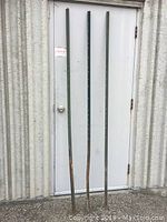Three tall metal stakes leaning vertically against a white door, showing full length and size in relation to the door frame. Stakes are green with surface rust at bases.