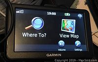 Front screen of Garmin GPS showing navigation options 'Where To?' and 'View Map'