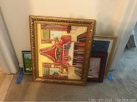 All 4 artworks stacked with largest painting on front showing bed scene with red canopy and striped rug