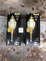 Photo of two boxed Hampton Bay outdoor coach lights lying on ground, showing front of packaging.