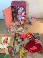 Wide view of lot showing Skipper doll, Ginny Carry Case with doll and clothes, Betsy Clark Doll in package, Strawberry Shortcake doll, and unicorn toy all arranged on a flat surface