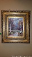 Framed acrylic landscape painting with birch trees and path. Signed Sastain at bottom left.
