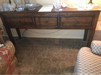 Wide view of the Century Furniture console sofa table showing three drawers and overall condition.