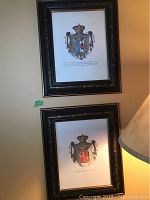 Two framed French crest artworks hanging on a wall next to a lamp, showing overall presentation and frame condition.