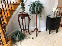 Wide shot of two wooden pedestals (one with marble top), black side table with mirror top, and assorted faux plants and flowers around them.
