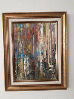 Full frontal view of framed abstract painting