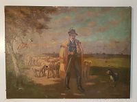 Full view of the oil painting showing the sheep herder, sheep, dog, and landscape with visible canvas damage and wear.