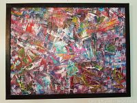 Full frontal view of the framed abstract painting mounted on a wall