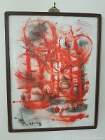 Full view of the signed abstract acrylic painting with wooden frame