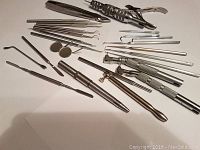 Overview of 27 dental tools including various scalers, mirrors, tweezers, drill connectors, and other metal dental instruments laid out on a flat surface.