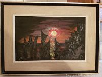 Full view of framed oil painting with dark abstract landscape and glowing red sun.