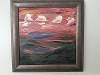 Front view of the framed abstract landscape painting with visible brushstrokes and cloud shapes against a valley.