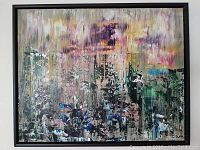 Frontal view of framed abstract painting showing full composition and frame