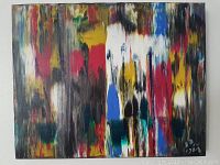 Front view of the abstract figurative painting with multi-color vertical brush strokes, showing rich texture and vibrant colors.