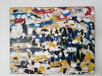 Front view of the abstract impasto painting showing overall composition