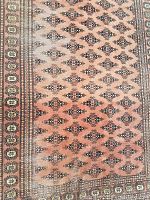 Top side of the hand knotted rug depicting repetitive geometric floral pattern on a peach base with a complex bordered design