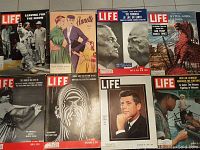 All 8 magazines laid out on floor showing covers including LIFE, Vogue Nouvelle, and Annette titles.