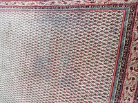 Close-up photo of hand knotted rug showing repeating red and white leaf or diamond pattern and intact multiple borders in red, white, and dark blue.