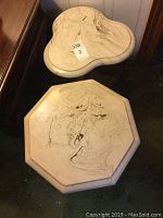 Top view showing two marble tops: one cloverleaf-shaped and one octagonal, both beige with natural veins.