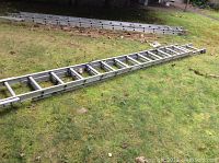 Full view of the aluminum extension ladder resting on grass showing two sections extended and laid flat.