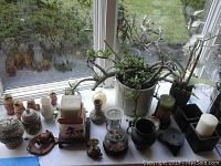 Overview of lot with live jade plant, faux orchid, nesting dolls, candle holders, and decorative items arranged on windowsill