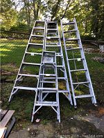 Photo showing the four aluminum ladders standing upright against a fence outdoors, including two 8-foot A-frame ladders, one 5-foot A-frame ladder, and one 16-foot extending ladder.