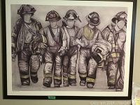 Full front view of the framed print depicting five firefighters walking toward the viewer