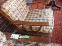 Side view showing wood armrest and patterned upholstery cushion, with measurement tape labeled 27x30x30