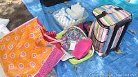 Photo showing a variety of travel totes including an insulated wheeled tote with stripes, a large orange and pink floral tote, a pink tote, a green/lime tote, and a clear container with multiple white gel ice packs and one blue gel pack insert.