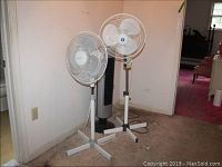 Three floor fans standing on carpeted floor near white wall. One is a taller slim model, one is a classic pedestal fan, and one is a more compact model.