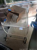 Photo showing metal cart with mesh shelves and wheels, cream-colored, with a small wooden step stool on top.