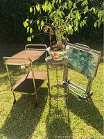 Two-tier metal and wood cart, round metal table, four vintage metal TV trays with decorative designs setup outdoors on grass.