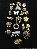 Top-down photo showing all 20 brooches arranged in rows on black fabric background.