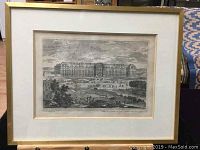Framed antique etching print showing the full artwork of Hotel de Mars Ou des Invalides with detailed architecture and landscape.