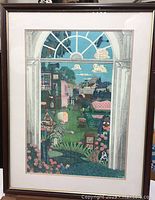 Front view of framed art print by M. Sraga from 1987, showing a colorful detailed scene viewed through an arched window including a child and animals.