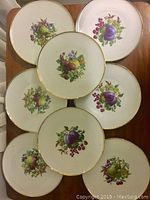 Eight Bavarian porcelain plates displayed on a table in a circular arrangement showing various colorful fruit paintings in the center and gold-rim detail.