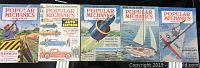 Front covers of five 1956 Popular Mechanics magazines displayed side-by-side showing various illustrated scenes including construction equipment, cars, mechanical devices, sailboats, and an airplane.