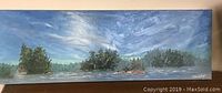 Panoramic view of original oil painting showing tree clusters, water, and sky from the front